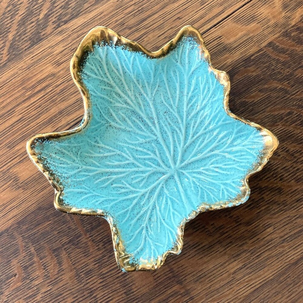 Vintage California Pottery Leaf Dish, Style #727, MCM, Turquoise, Gold Edged